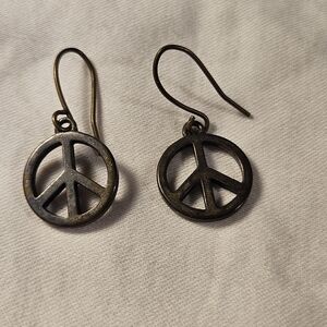 Vintage Bronze Toned Peace Symbol Dangle Hook Earrings